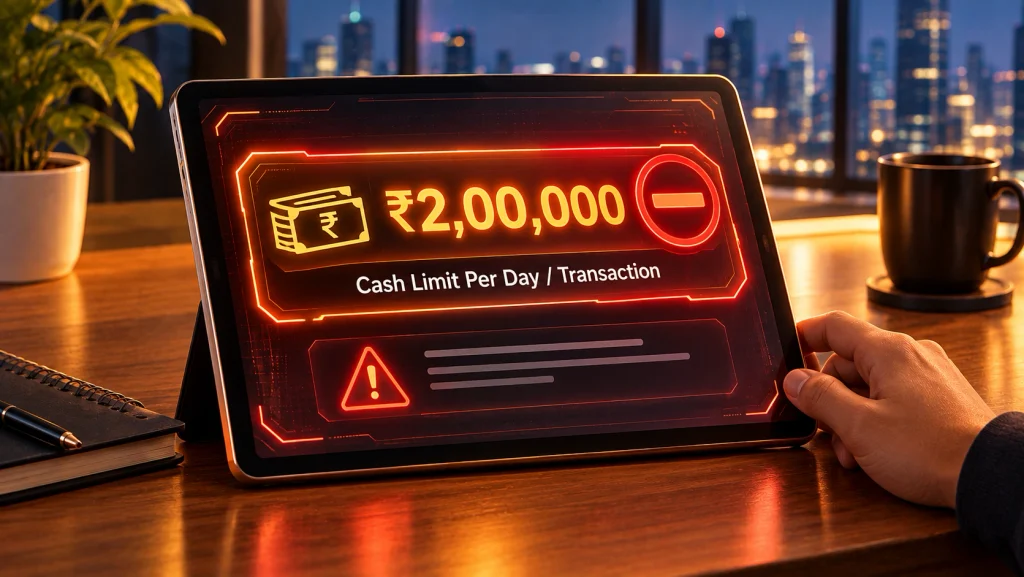 Futuristic tablet displaying the cash payment limit warning for freelancers