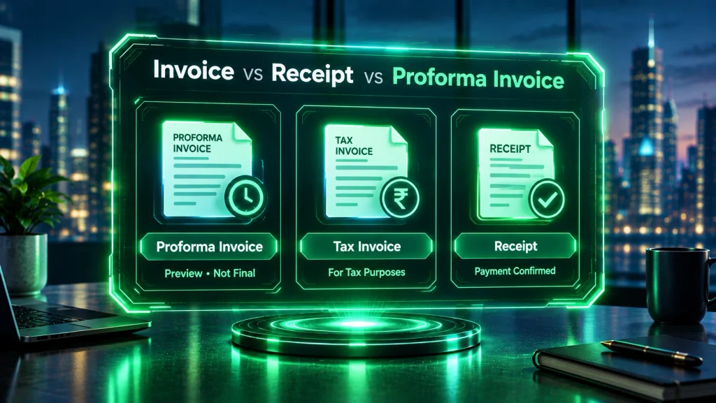Futuristic illustration comparing an invoice, receipt, and proforma invoice