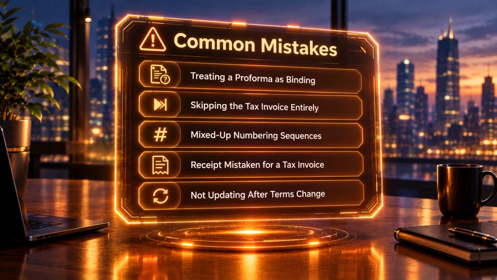 Futuristic checklist infographic of common mistakes with invoices, receipts, and proforma invoices