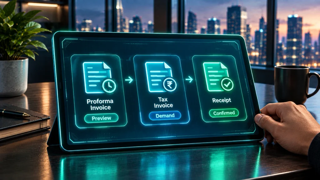 Futuristic tablet showing the sequence from proforma invoice to tax invoice to receipt