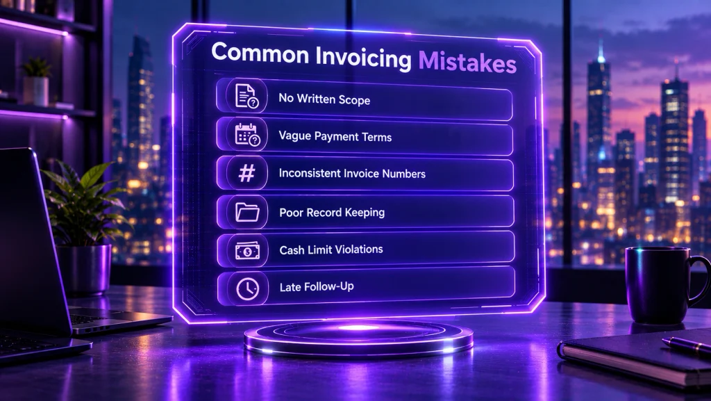 Futuristic checklist infographic of common invoicing mistakes freelancers make