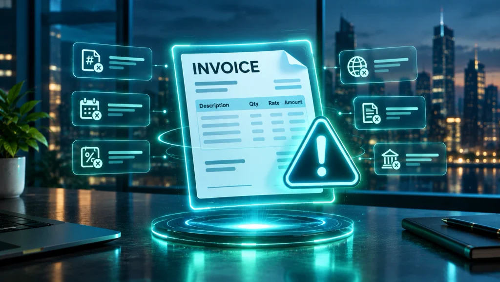 Futuristic invoice illustration with a warning icon representing common invoicing mistakes