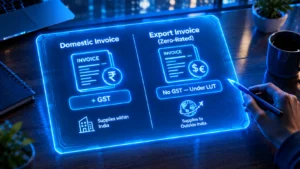 Diagram comparing a domestic GST invoice with a zero-rated export invoice under LUT