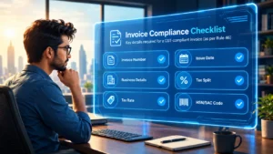 Checklist infographic of mandatory fields required on a GST-compliant invoice