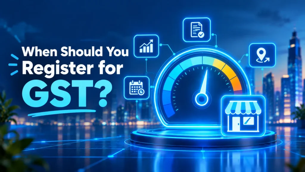Futuristic holographic gauge illustration representing the GST registration decision