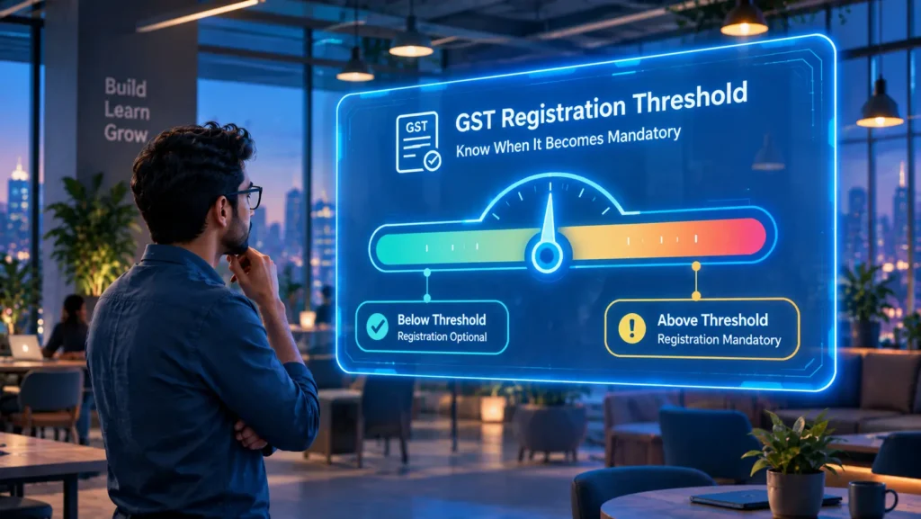 Futuristic gauge diagram illustrating the GST registration turnover threshold decision