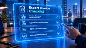 Futuristic checklist infographic of required fields on a multi-currency export invoice