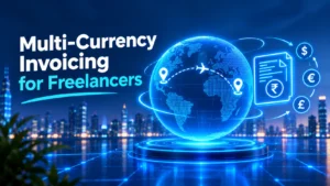 Futuristic globe and invoice illustration representing multi-currency invoicing for international clients